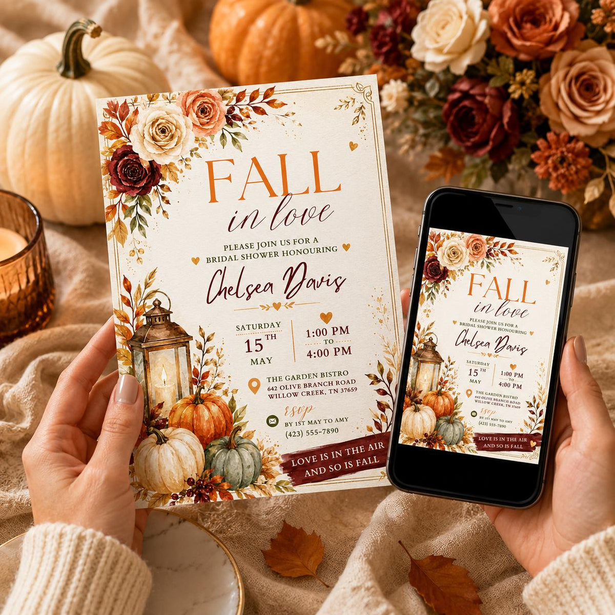 Rustic Floral Fall in Love Bridal Shower Invitation — invitation you personalize in Canva