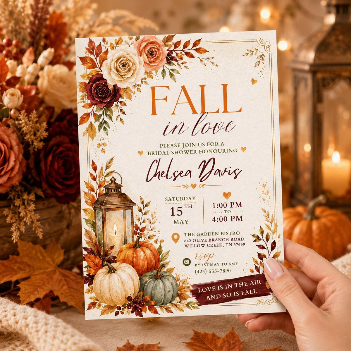 Rustic Floral Fall in Love Bridal Shower Invitation — print-ready bridal shower design from VoltBy