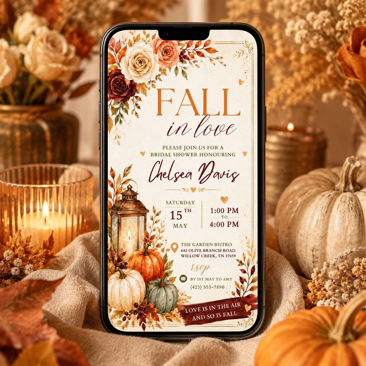 Rustic Floral Fall in Love Bridal Shower Invitation — digital invitation, instant download