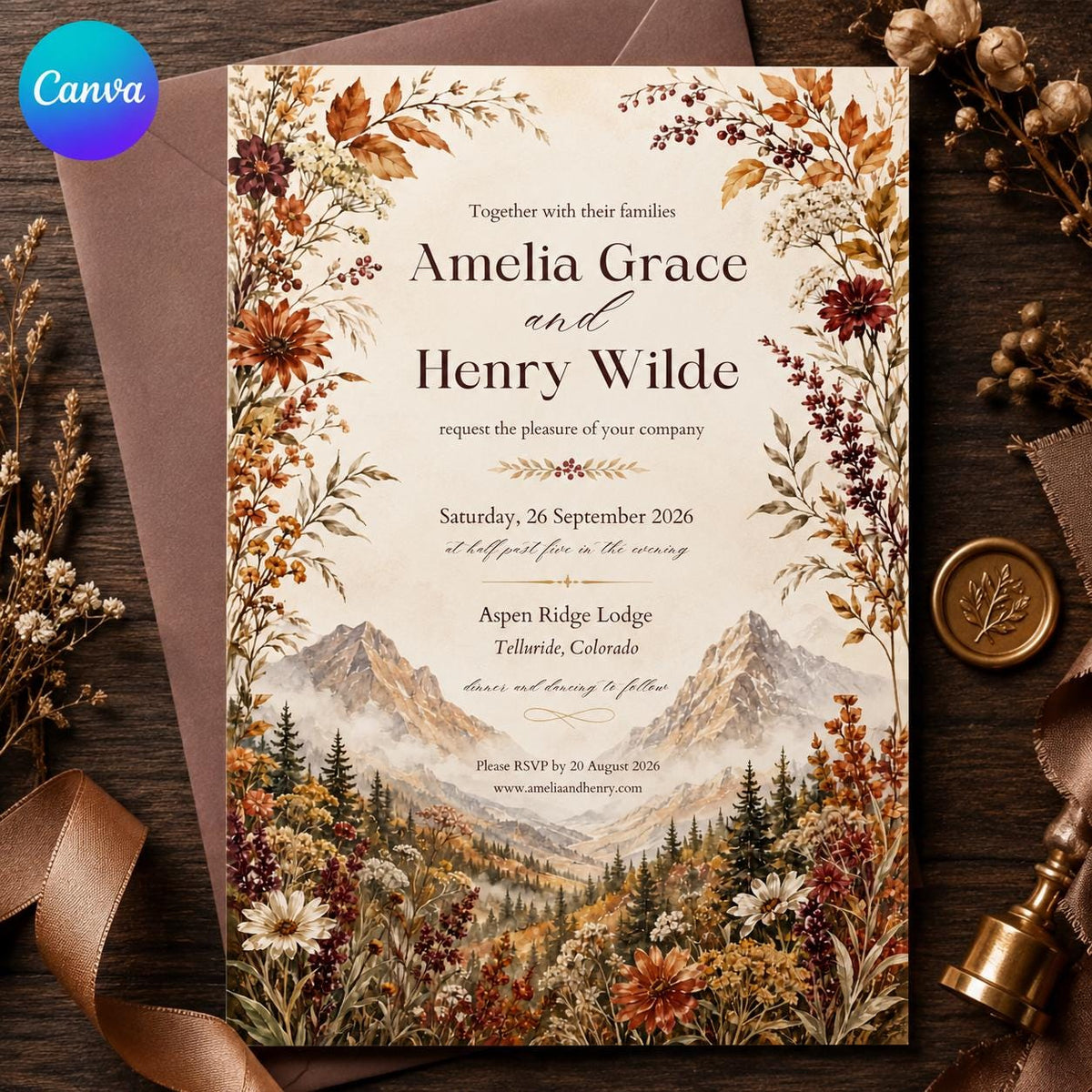 Rustic Floral Fall Mountain Wedding Invitation — editable Canva template