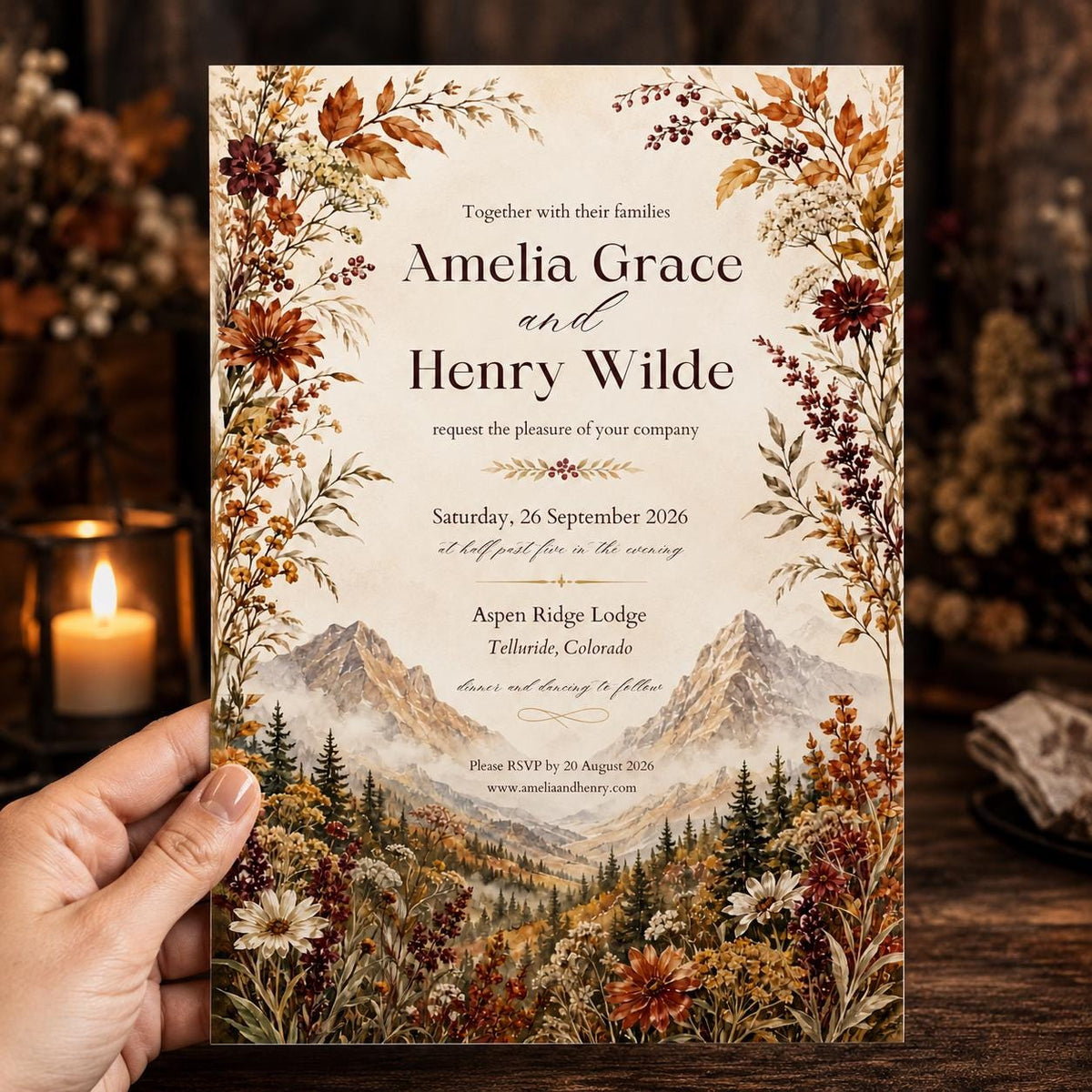 Rustic Floral Fall Mountain Wedding Invitation — invitation you personalize in Canva
