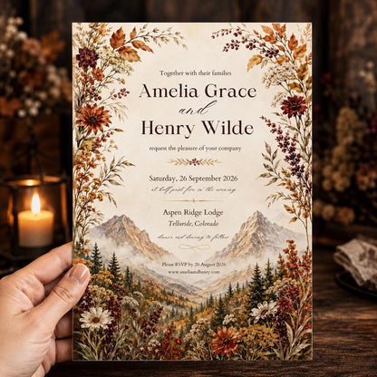Rustic Floral Fall Mountain Wedding Invitation — invitation you personalize in Canva