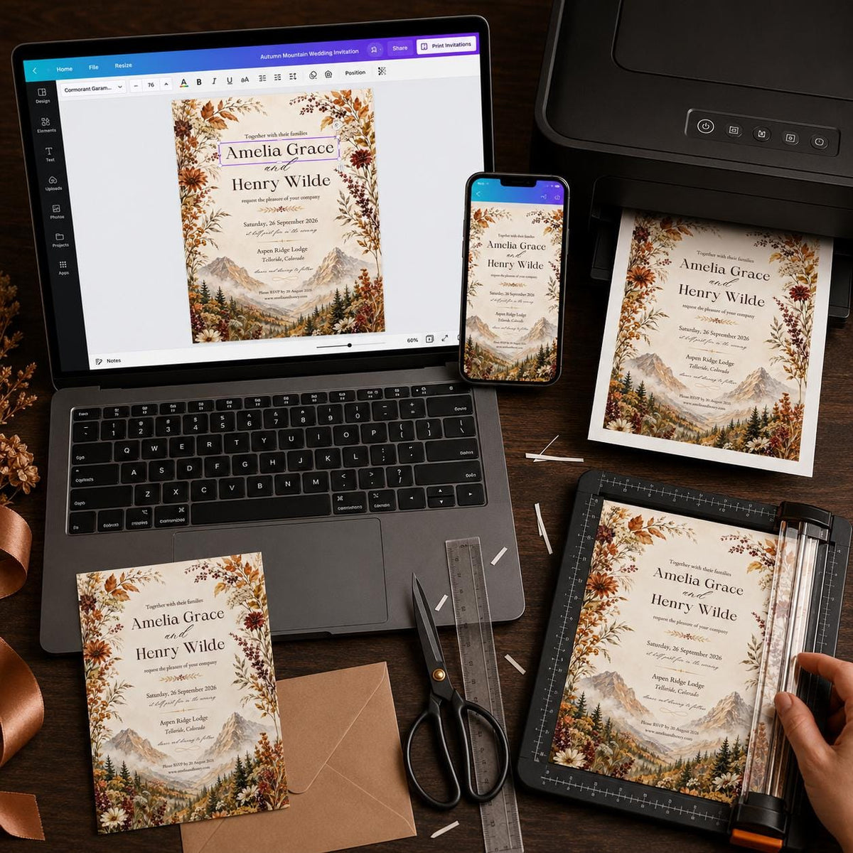 Rustic Floral Fall Mountain Wedding Invitation — print-ready wedding design from VoltBy