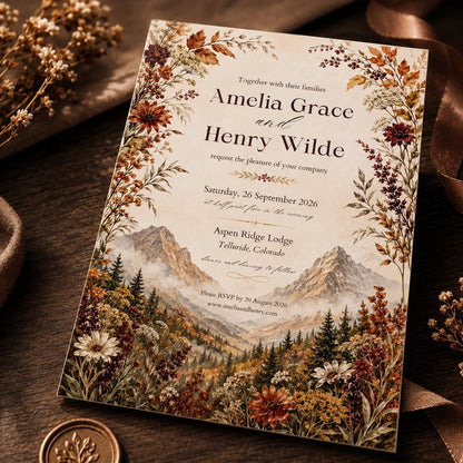 Rustic Floral Fall Mountain Wedding Invitation — digital invitation, instant download