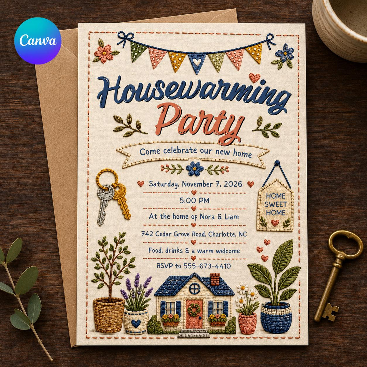Rustic Floral Housewarming Party Invitation — editable Canva template