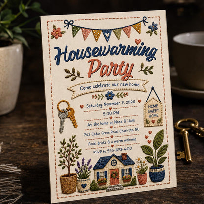 Rustic Floral Housewarming Party Invitation — embroidery design