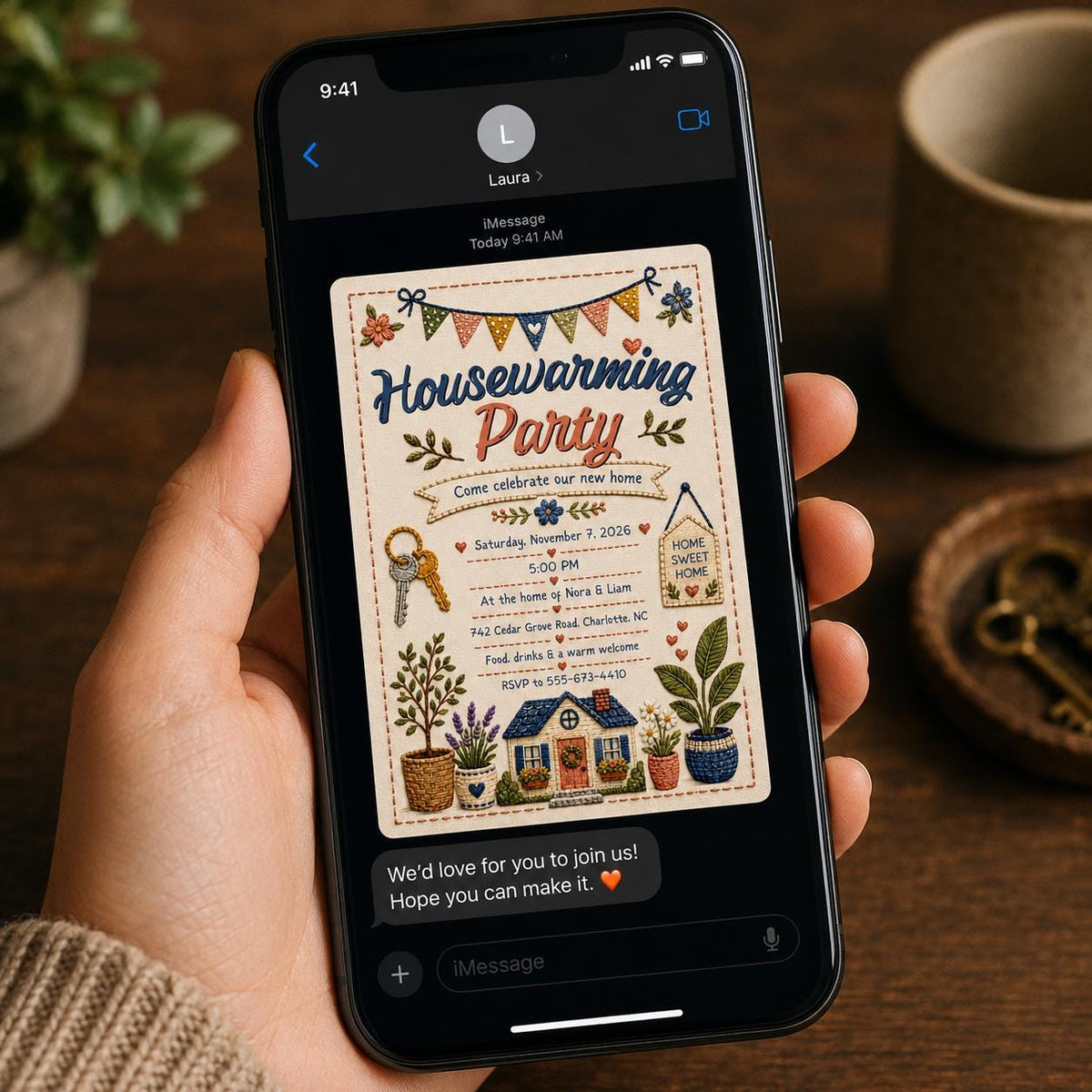 Rustic Floral Housewarming Party Invitation — embroidery housewarming design