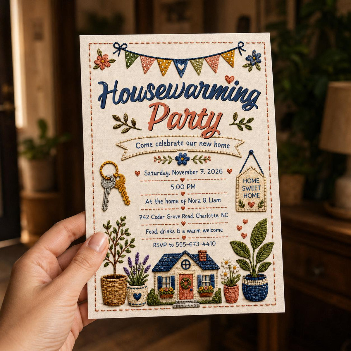 Rustic Floral Housewarming Party Invitation — print-ready housewarming design from VoltBy