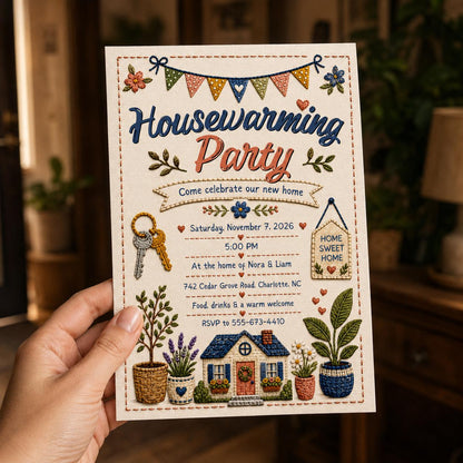 Rustic Floral Housewarming Party Invitation — print-ready housewarming design from VoltBy