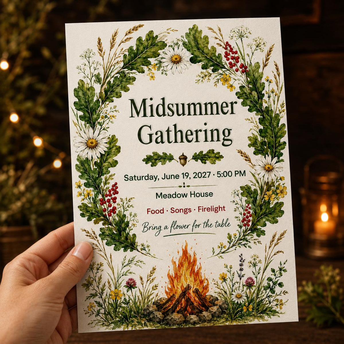 Rustic Floral Midsummer Gathering Invitation — invitation you personalize in Canva