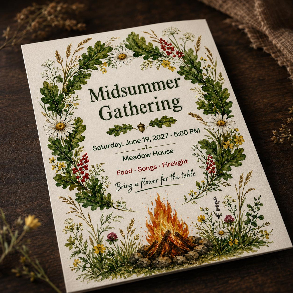 Rustic Floral Midsummer Gathering Invitation — digital invitation, instant download