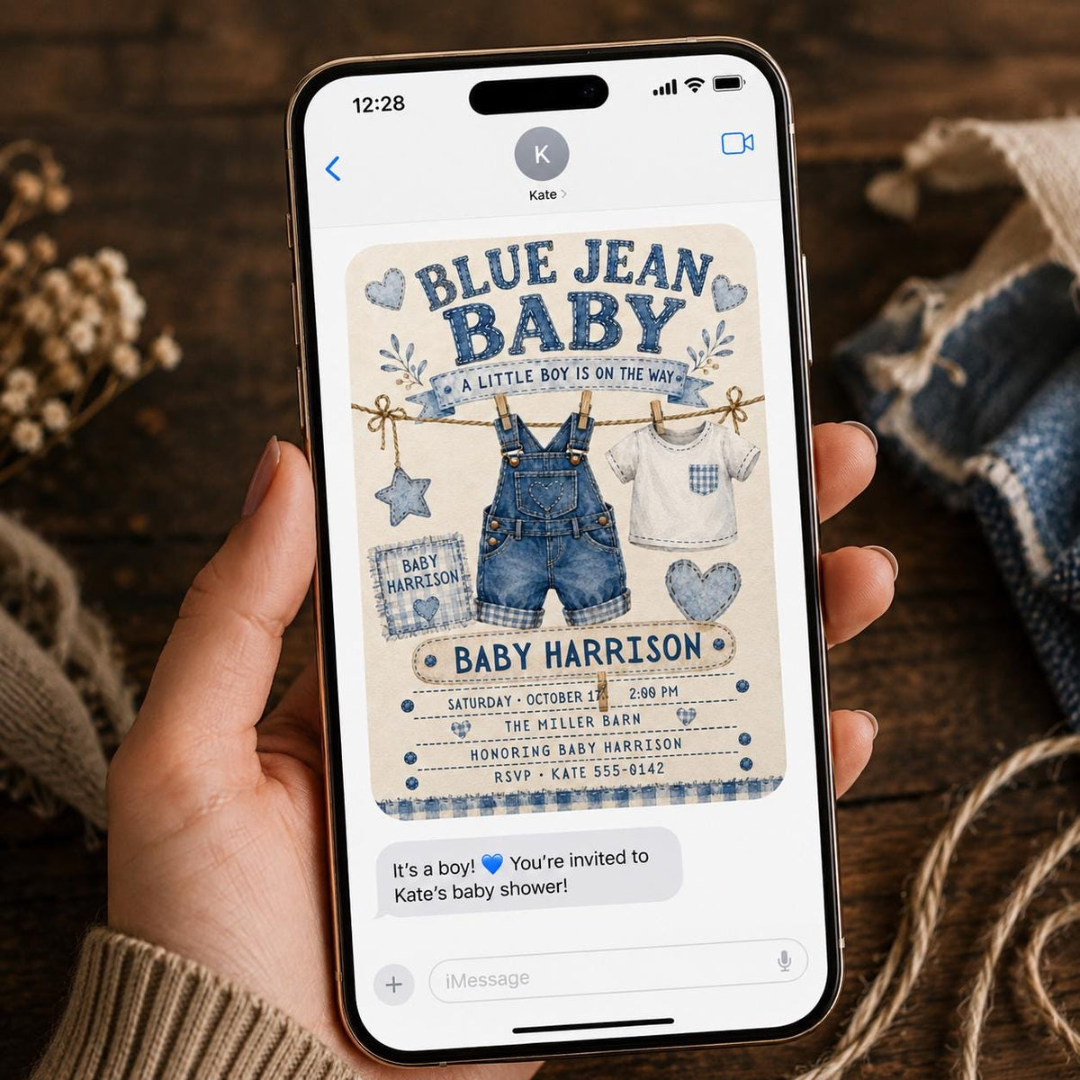 Rustic Gingham Blue Jean Baby Shower Invitation for Boys — denim design