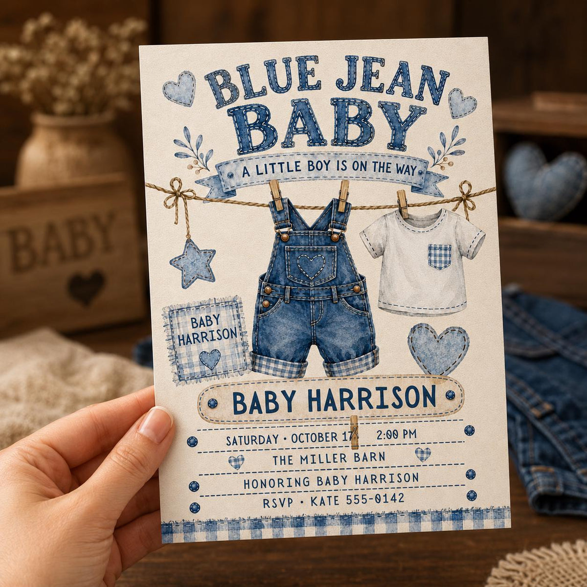 Rustic Gingham Blue Jean Baby Shower Invitation for Boys — invitation you personalize in Canva