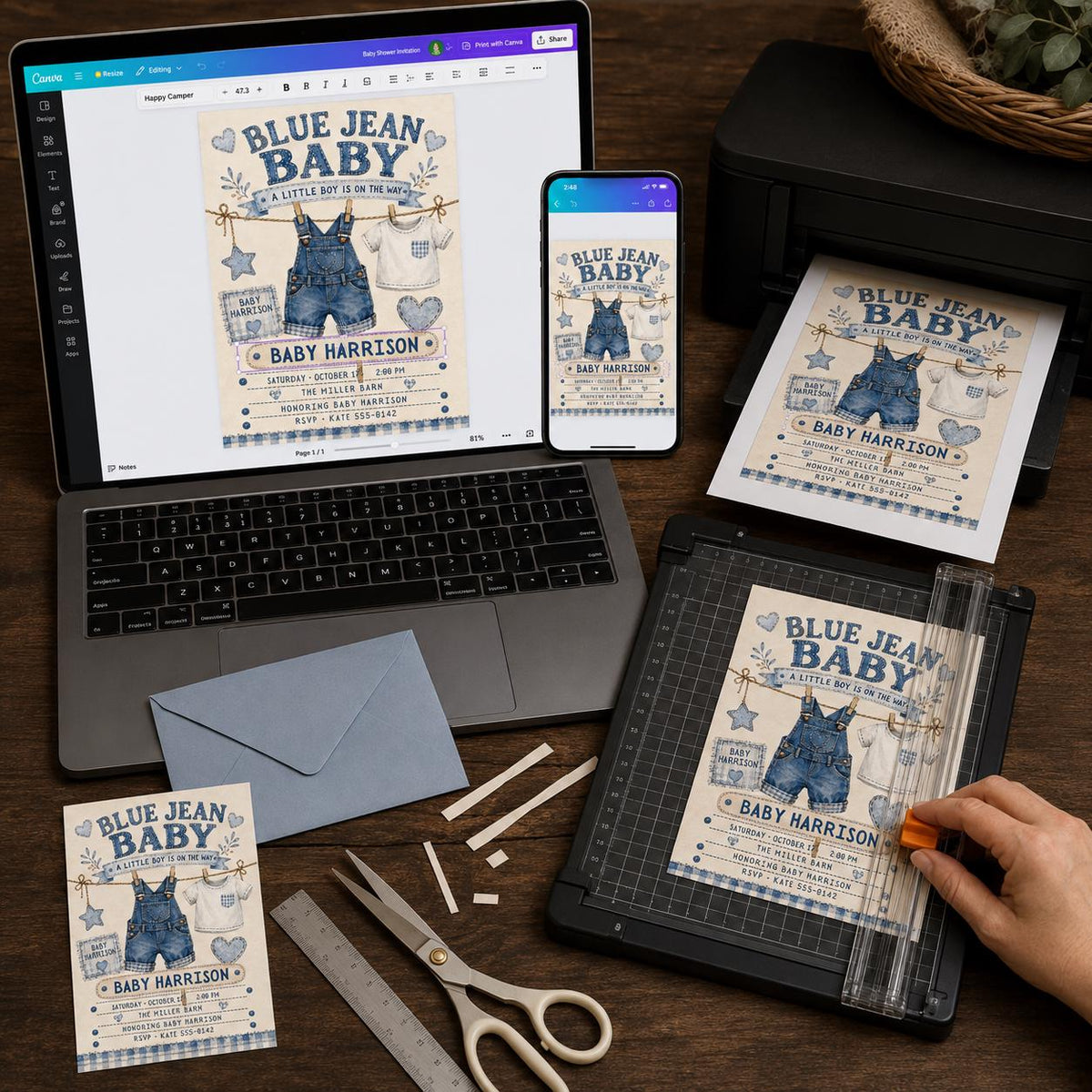 Rustic Gingham Blue Jean Baby Shower Invitation for Boys — print-ready baby shower design from VoltBy