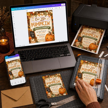 Rustic Gingham Little Pumpkin 4th Birthday Invitation for Girls — invitation you personalize in Canva