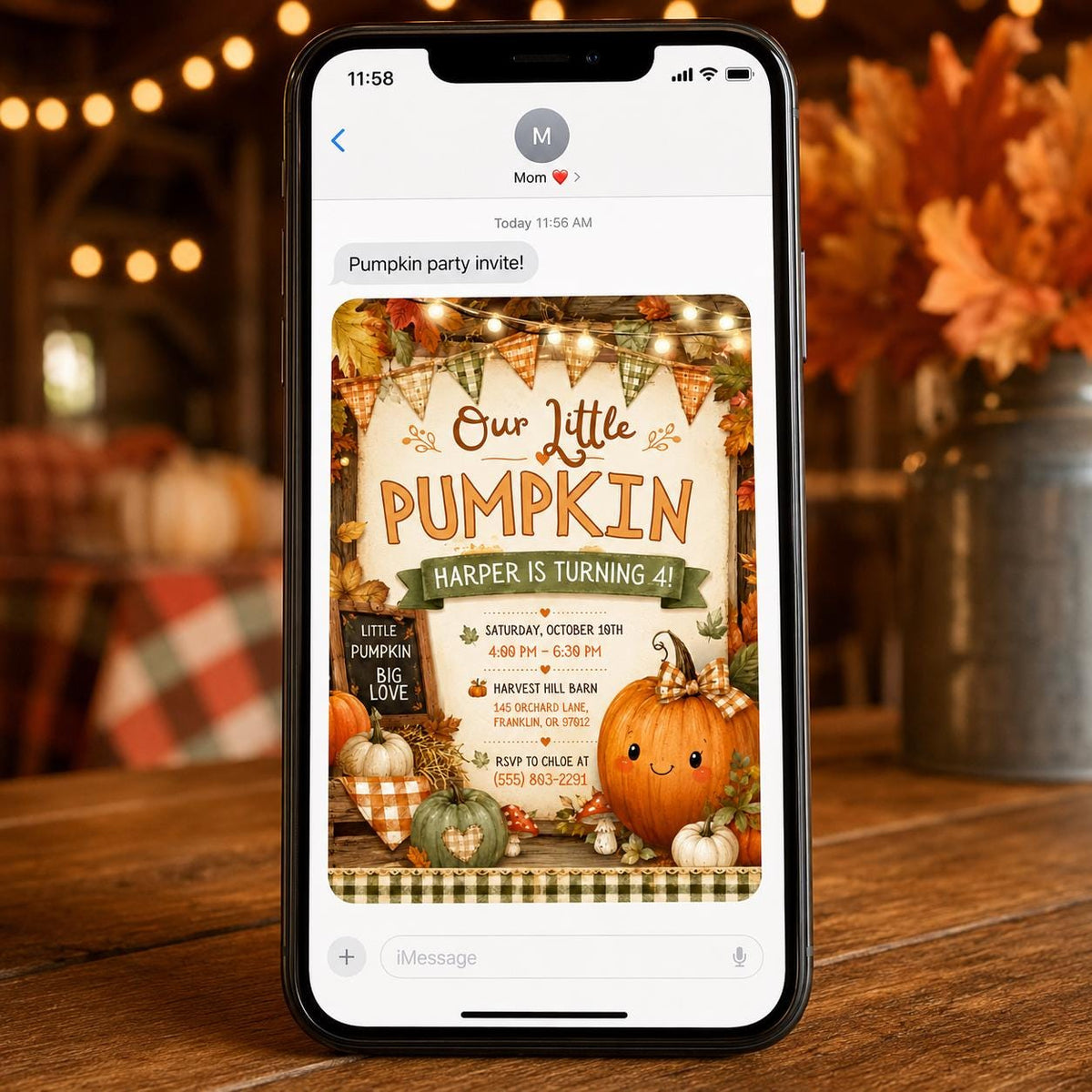 Rustic Gingham Little Pumpkin 4th Birthday Invitation for Girls — digital invitation, instant download
