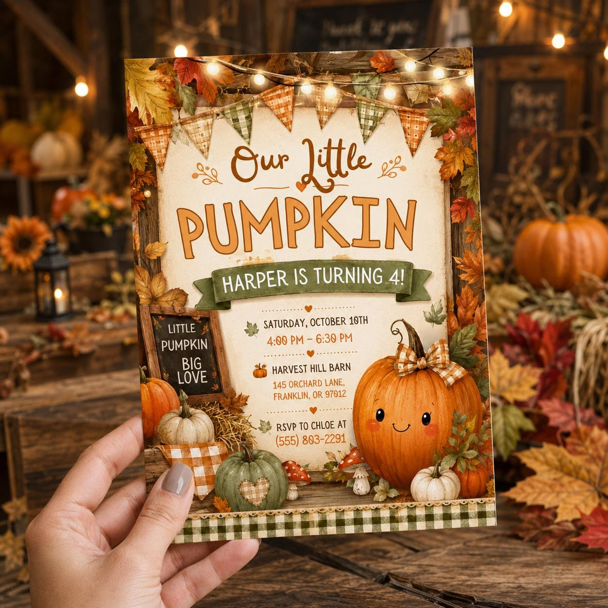 Rustic Gingham Little Pumpkin 4th Birthday Invitation for Girls — 4th birthday party stationery by VoltBy