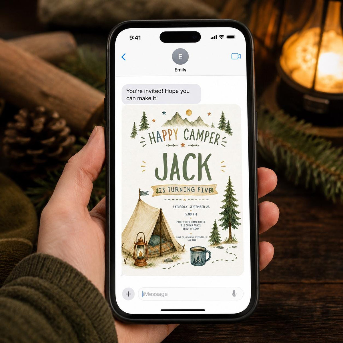 Rustic Happy Camper 5th Birthday Invitation for Boys — camping and woodland design