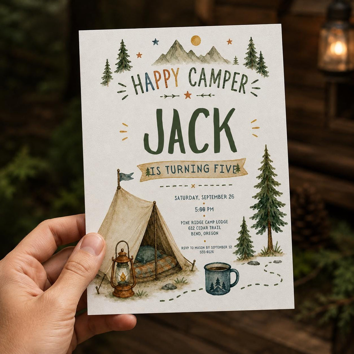 Rustic Happy Camper 5th Birthday Invitation for Boys — invitation you personalize in Canva