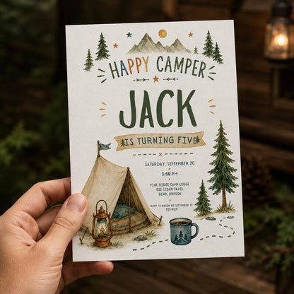 Rustic Happy Camper 5th Birthday Invitation for Boys — invitation you personalize in Canva