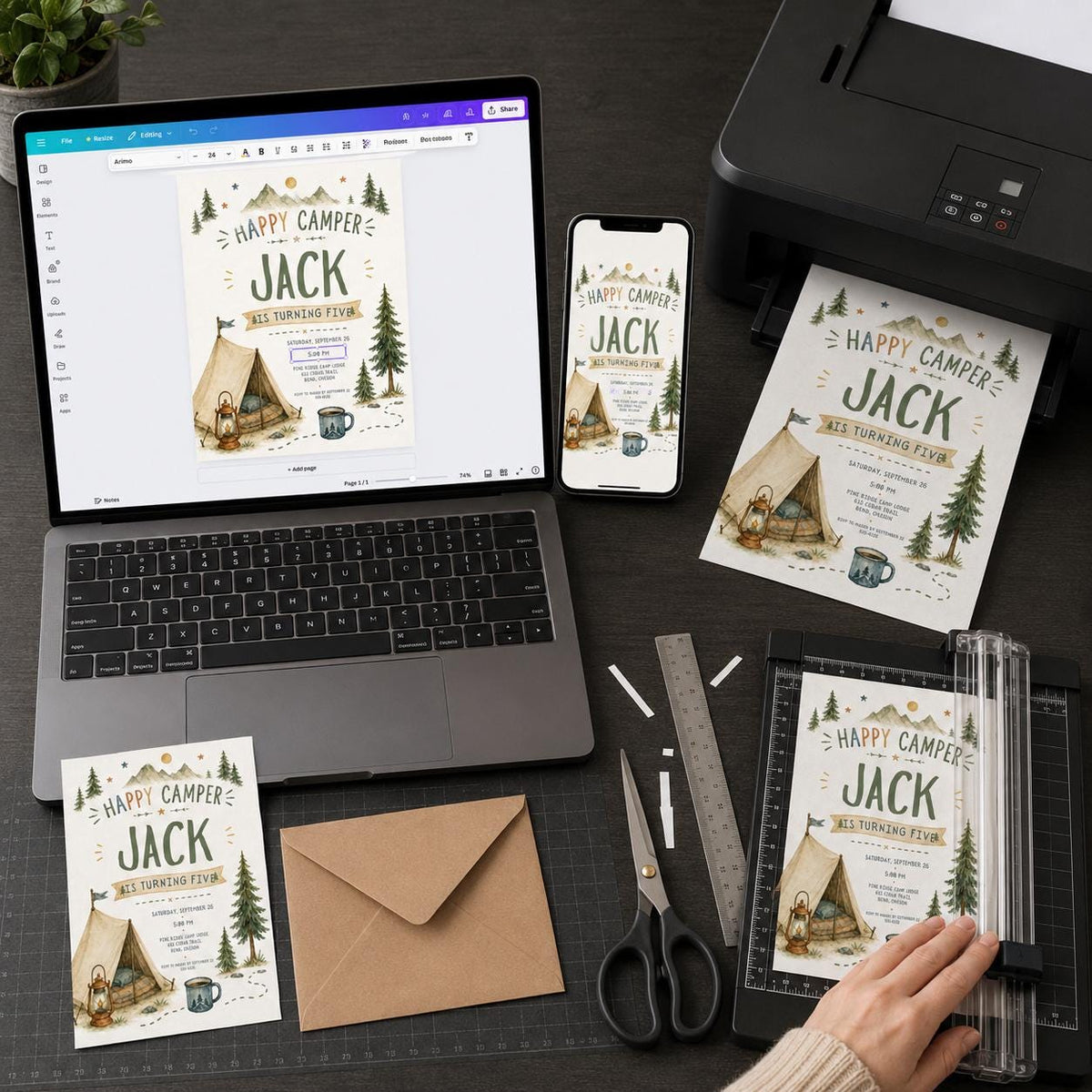 Rustic Happy Camper 5th Birthday Invitation for Boys — print-ready 5th birthday party design from VoltBy