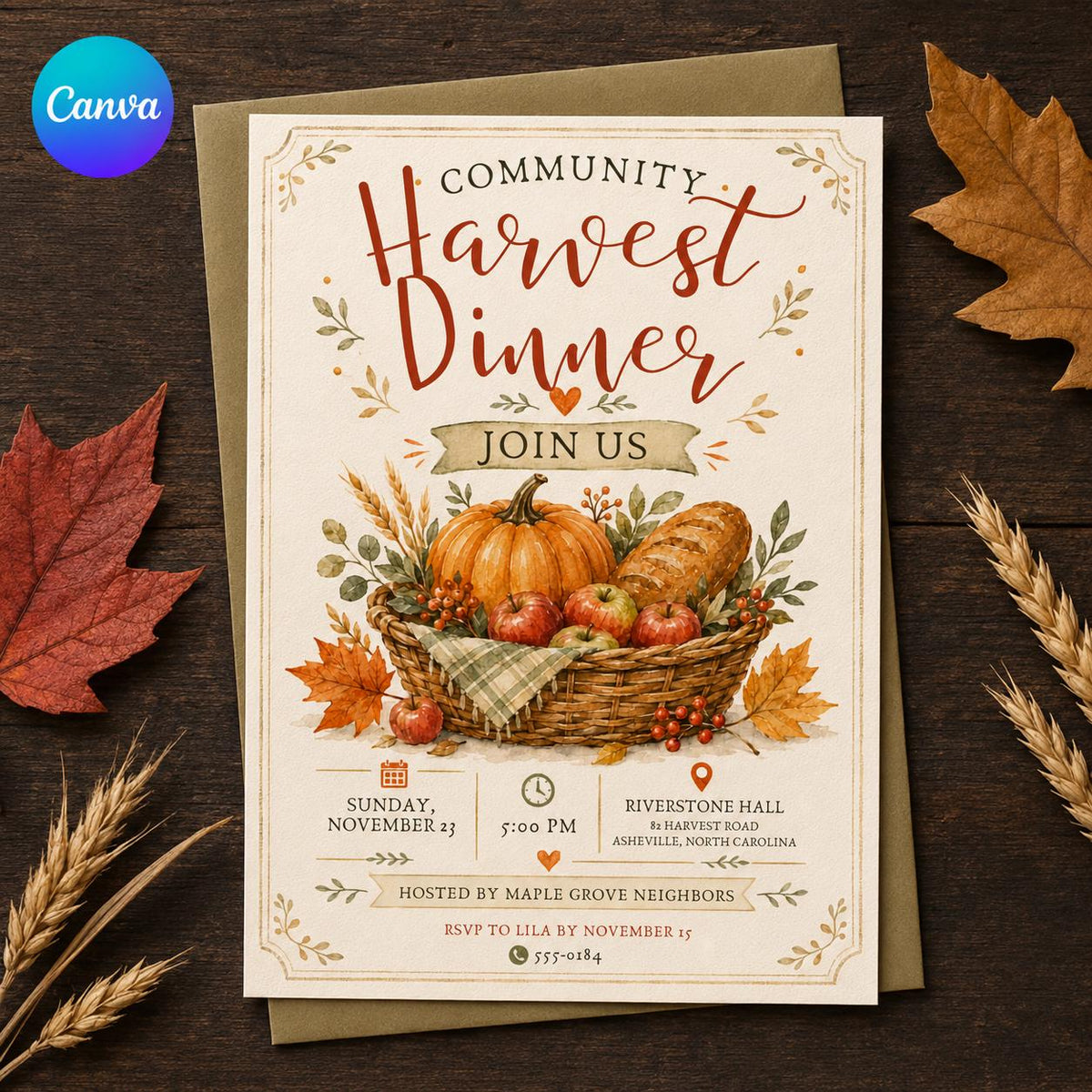 Rustic Harvest Dinner Invitation — editable Canva template