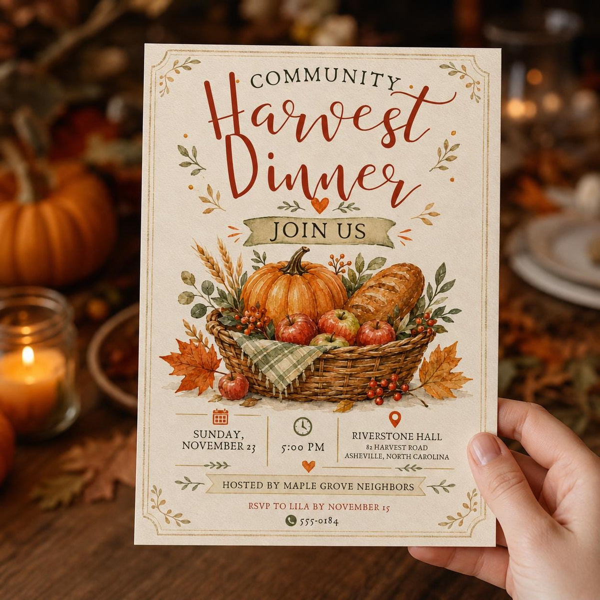 Rustic Harvest Dinner Invitation — print-ready dinner party design from VoltBy
