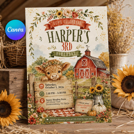 Rustic Highland Cow 3rd Birthday Invitation for Girls — editable Canva template