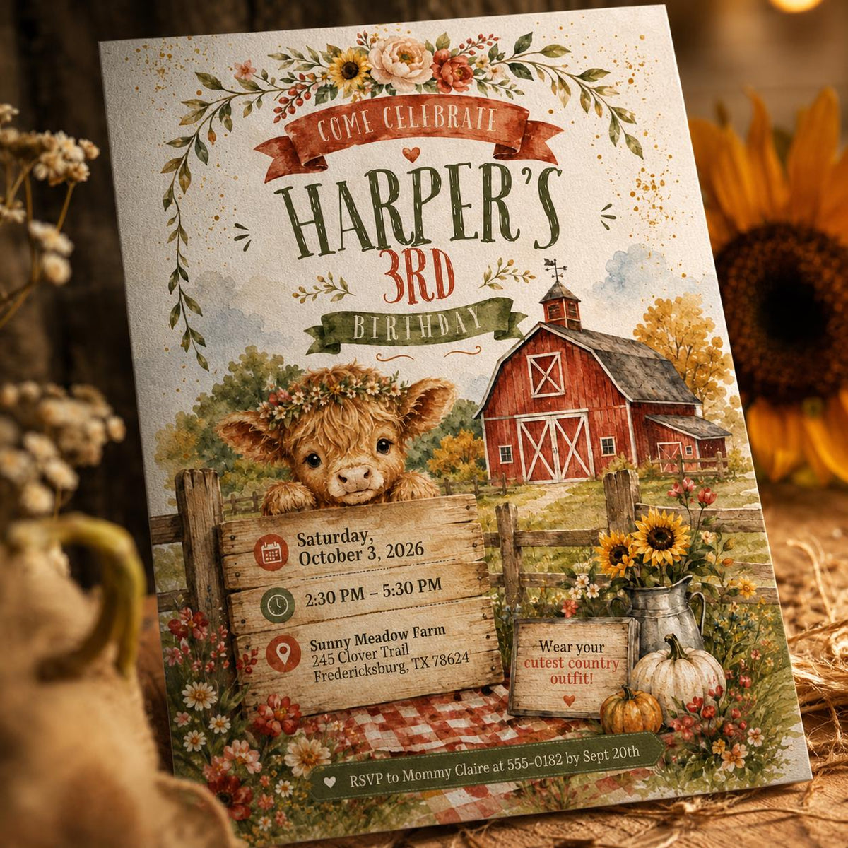 Rustic Highland Cow 3rd Birthday Invitation for Girls — farm design