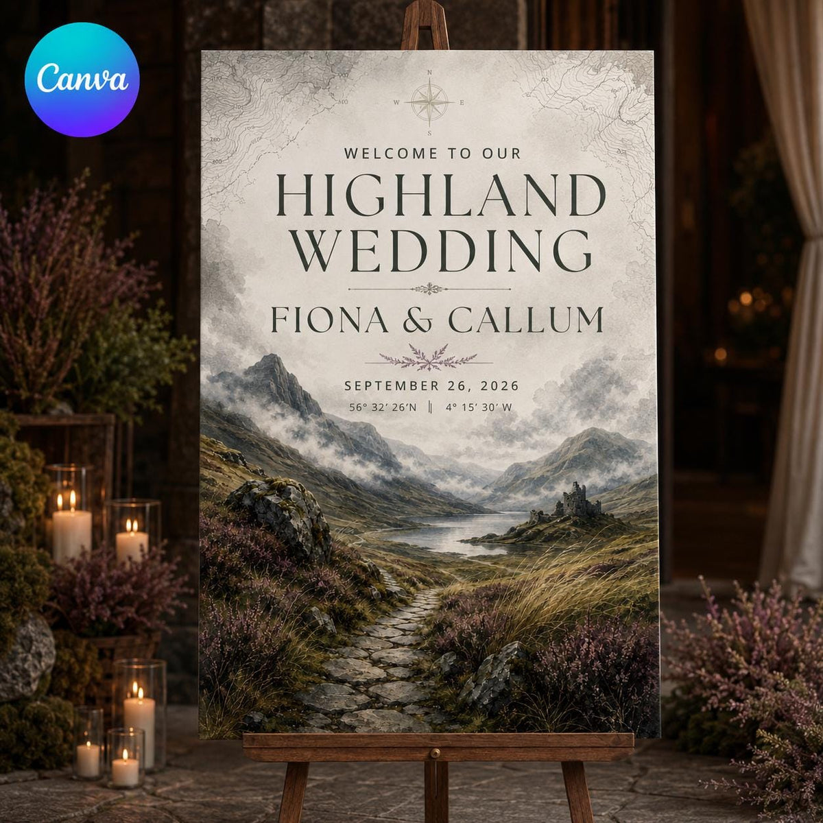 Rustic Highland Wedding Welcome Sign — editable Canva template