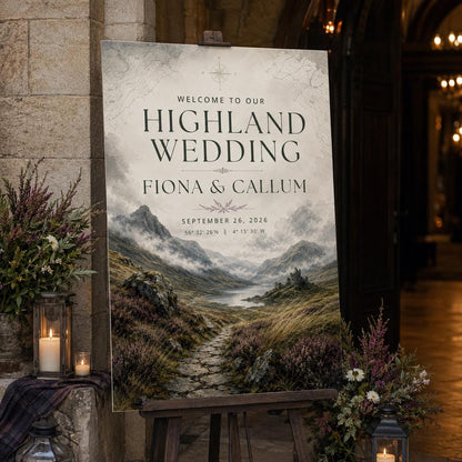 Rustic Highland Wedding Welcome Sign — mountains design