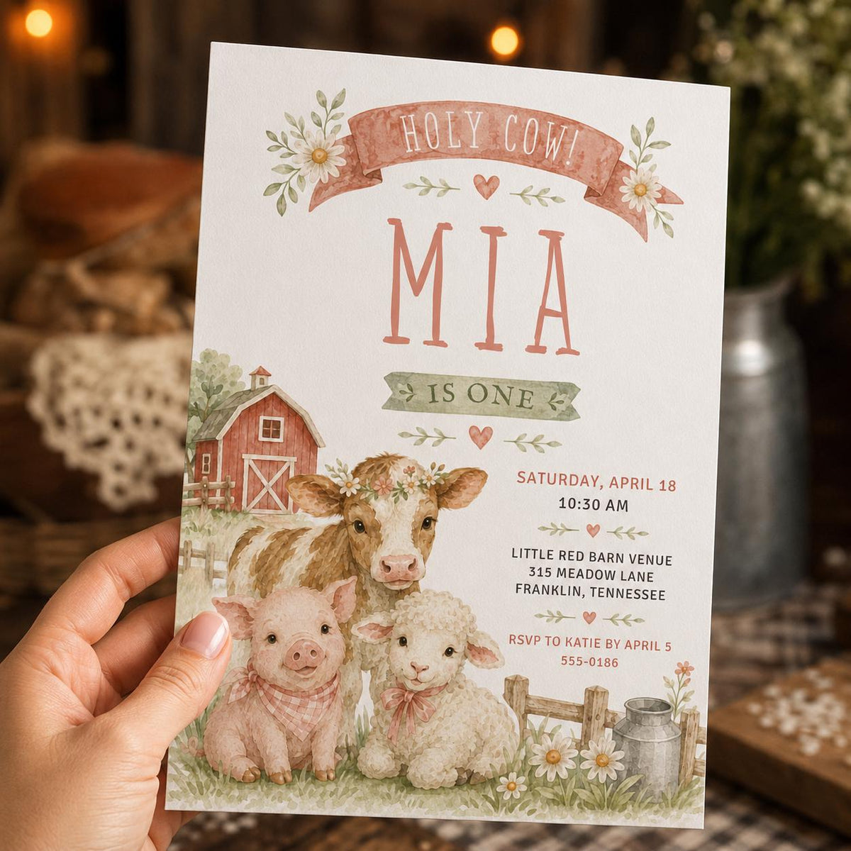 Rustic Holy Cow First Birthday Invitation for Girls — invitation you personalize in Canva