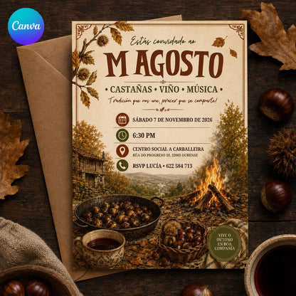 Rustic Invitación Magosto Invitation — editable Canva template