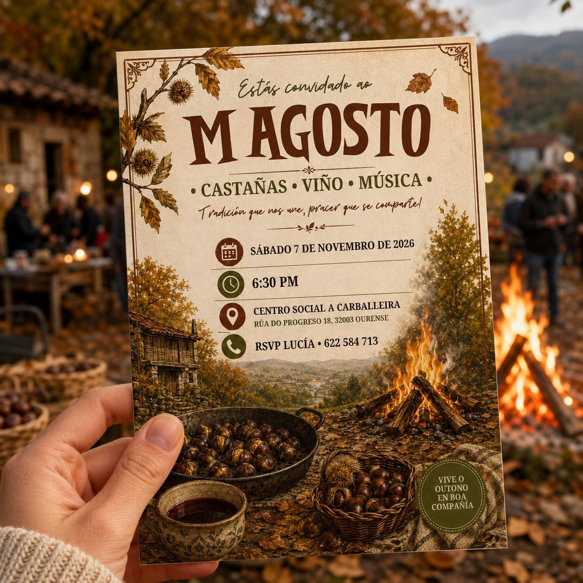 Rustic Invitación Magosto Invitation — invitation you personalize in Canva