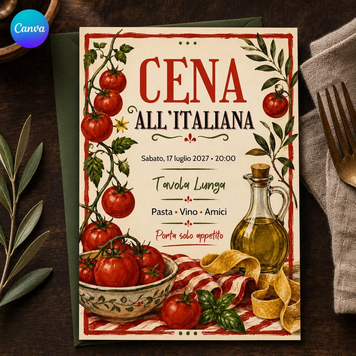 Rustic Italian Dinner Party Invitation — editable Canva template