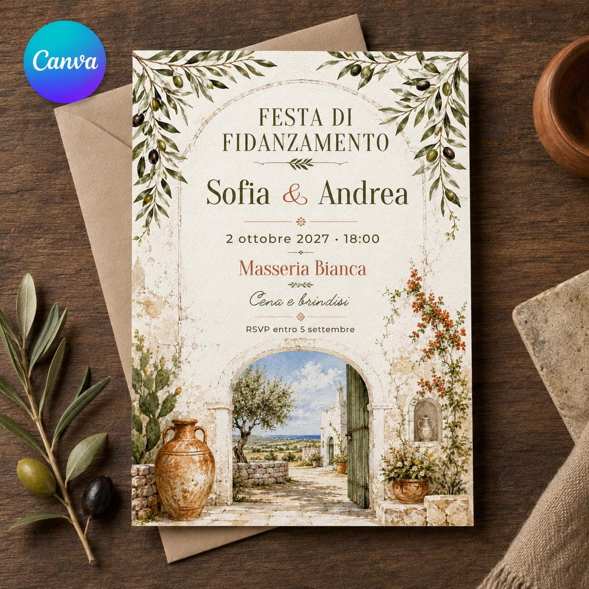 Rustic Italian Engagement Party Invitation — editable Canva template