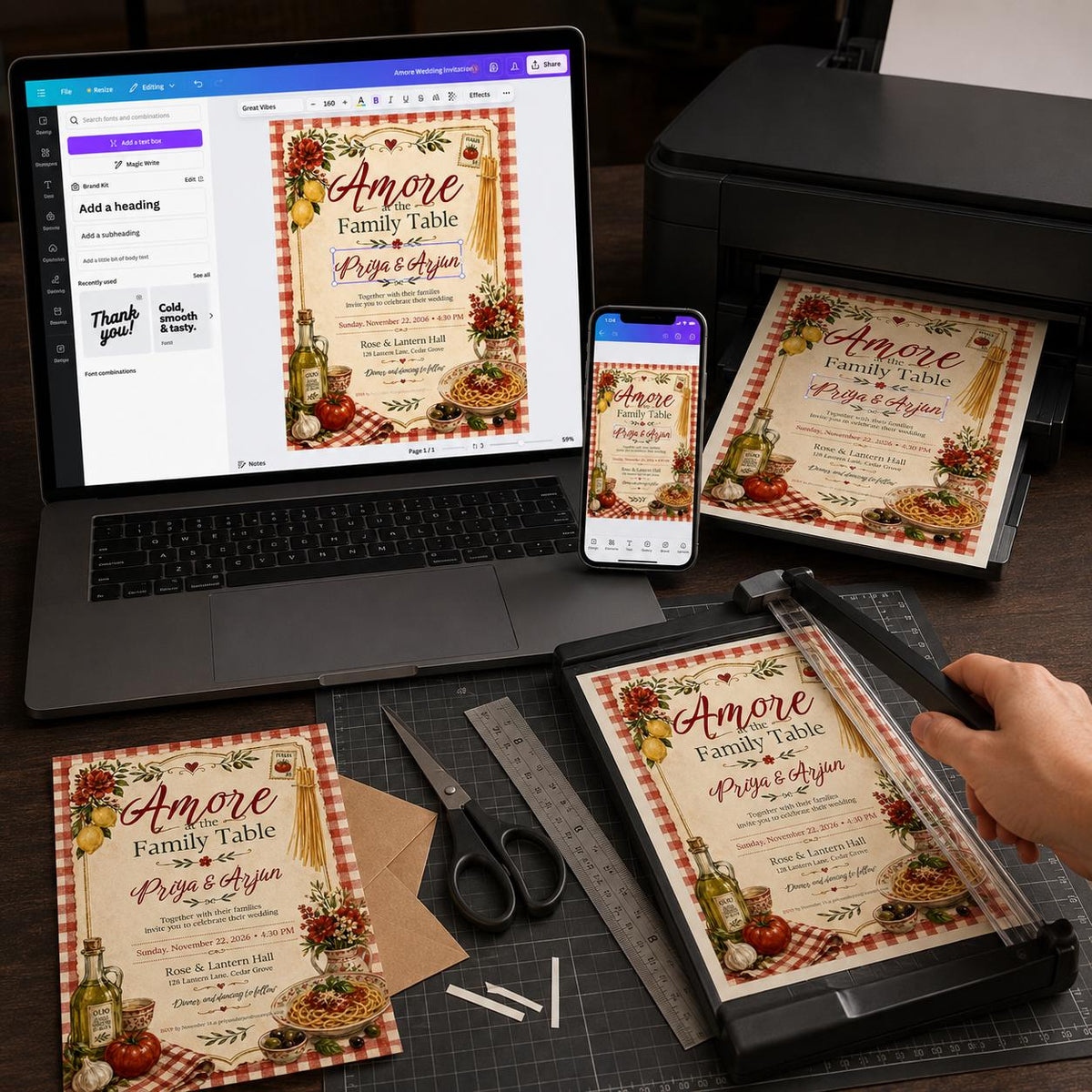 Rustic Italian Wedding Invitation — lemon and pasta design