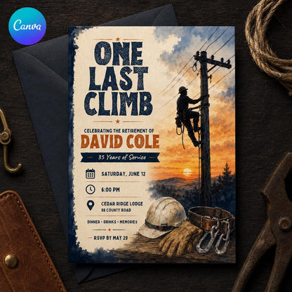 Rustic Lineman Retirement Invitation — editable Canva template