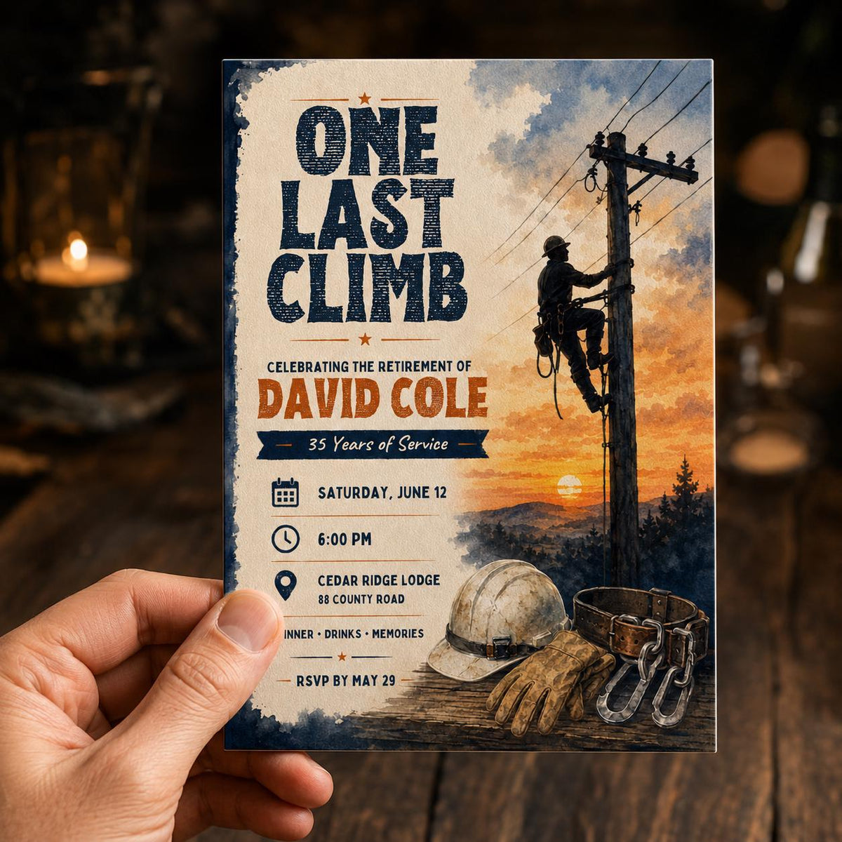 Rustic Lineman Retirement Invitation — print-ready retirement party design from VoltBy
