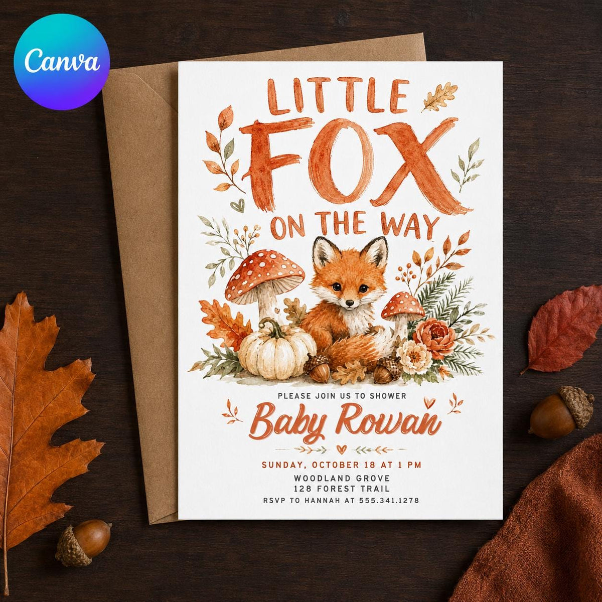 Rustic Little Fox Baby Shower Invitation — editable Canva template
