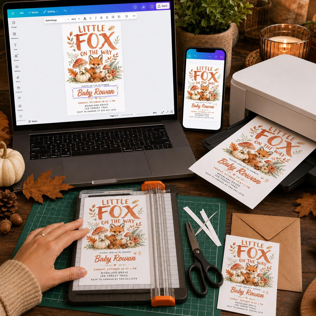 Rustic Little Fox Baby Shower Invitation — print-ready baby shower design from VoltBy