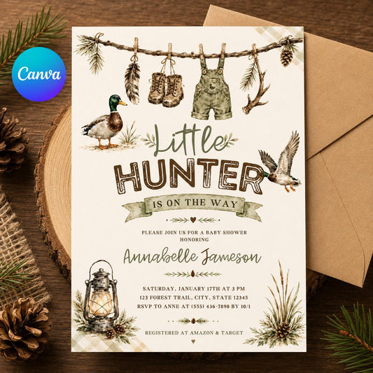 Rustic Little Hunter Baby Shower Invitation: Duck Hunting Woodland Boy Shower — editable Canva template