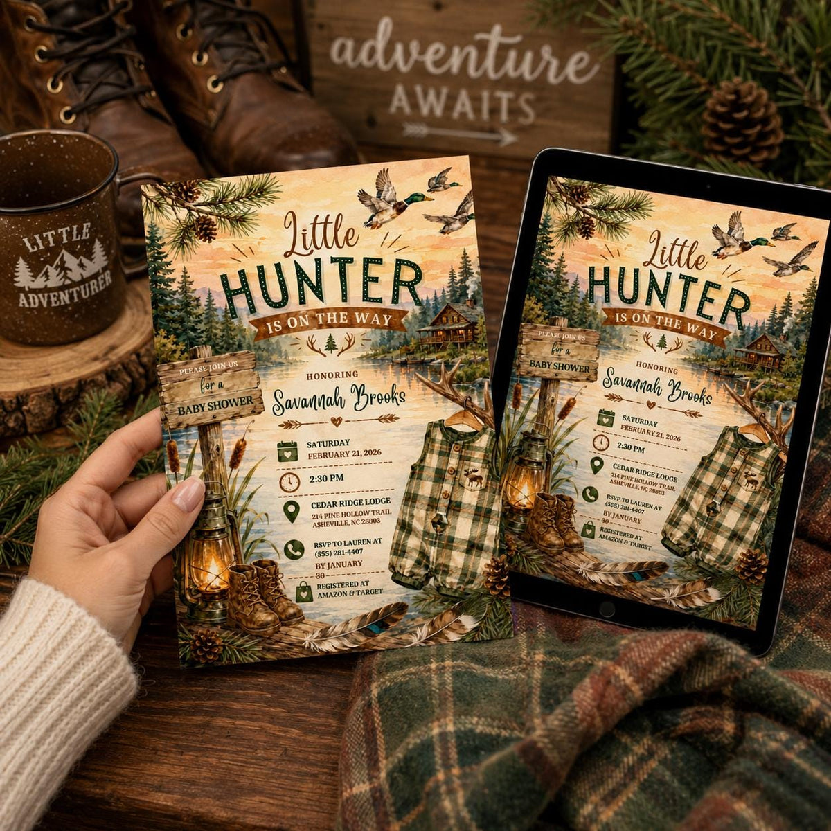 Rustic Little Hunter Baby Shower Invitation: Rustic Duck Hunting Boy — woodland design