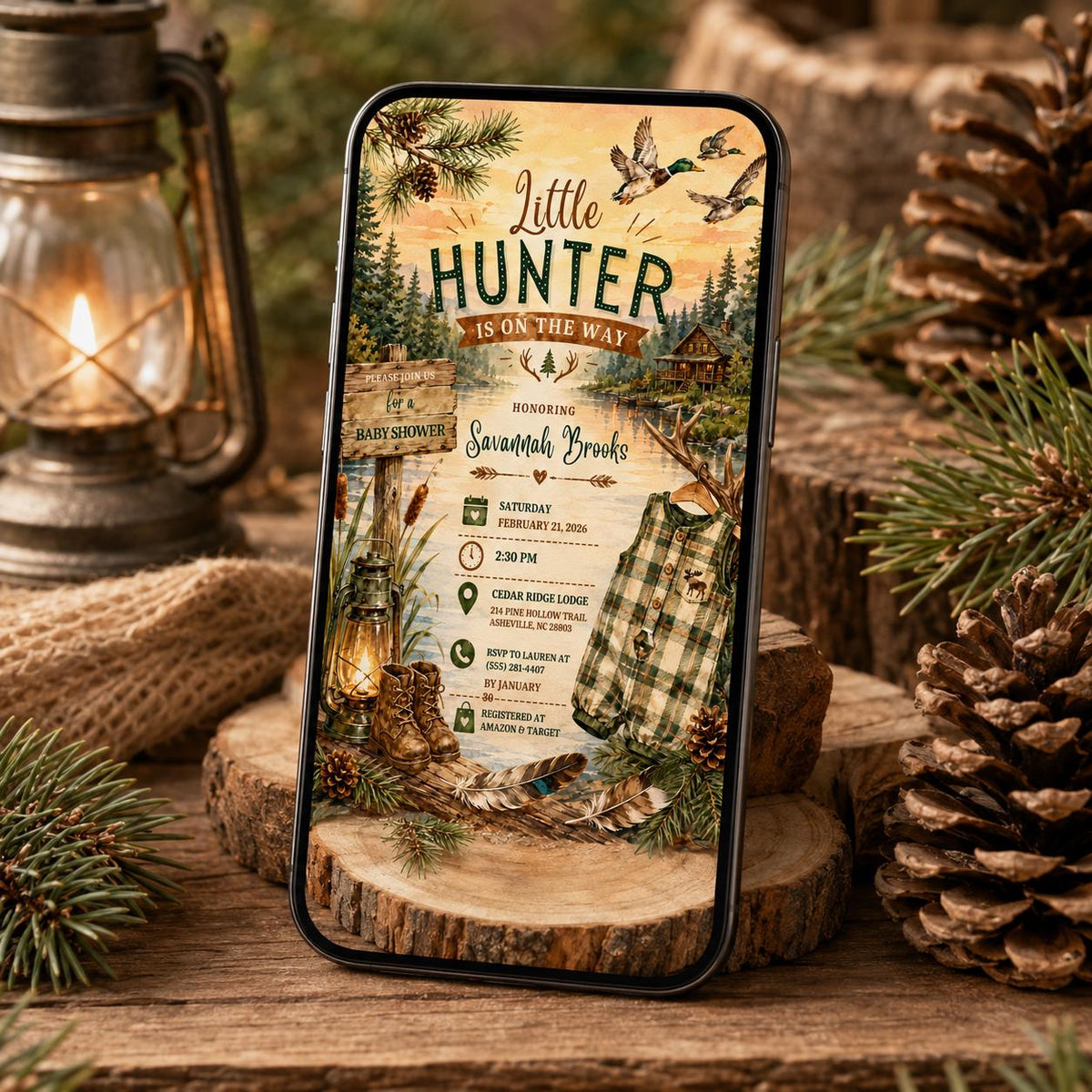 Rustic Little Hunter Baby Shower Invitation: Rustic Duck Hunting Boy — invitation you personalize in Canva