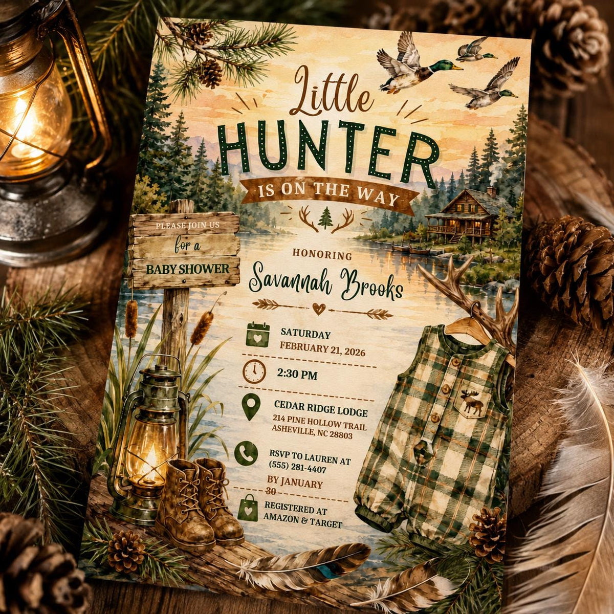 Rustic Little Hunter Baby Shower Invitation: Rustic Duck Hunting Boy — print-ready baby shower design from VoltBy
