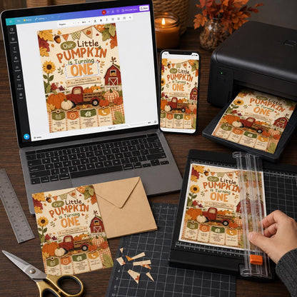 Rustic Little Pumpkin First Birthday Invitation for Girls — invitation you personalize in Canva