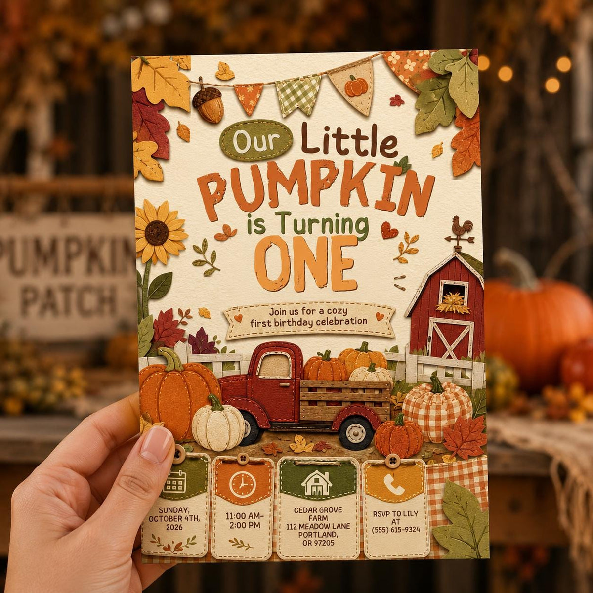 Rustic Little Pumpkin First Birthday Invitation for Girls — print-ready first birthday design from VoltBy