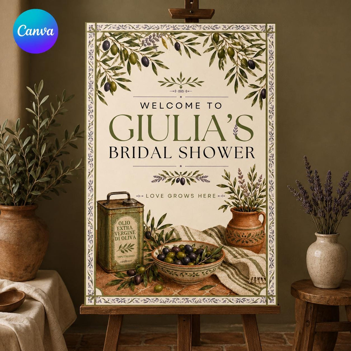 Rustic Mediterranean Bridal Shower Welcome Sign — editable Canva template