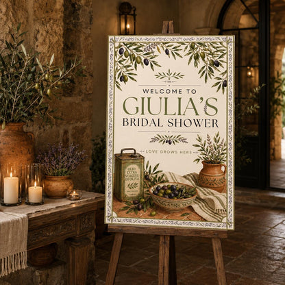 Rustic Mediterranean Bridal Shower Welcome Sign — olive branch design