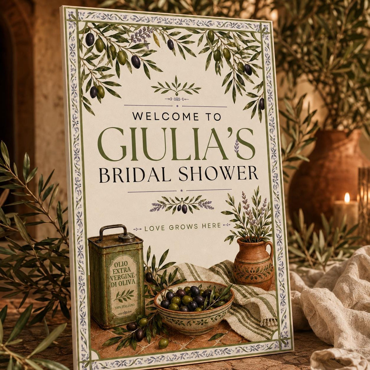 Rustic Mediterranean Bridal Shower Welcome Sign — welcome sign you personalize in Canva